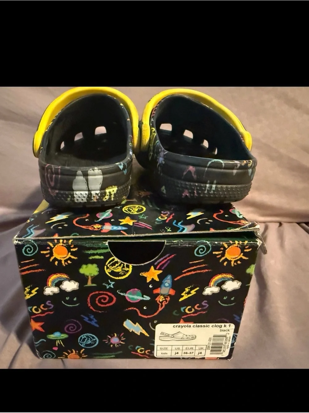 Crayola Black Kids Clogs with Yellow Strap and Multicolor Art